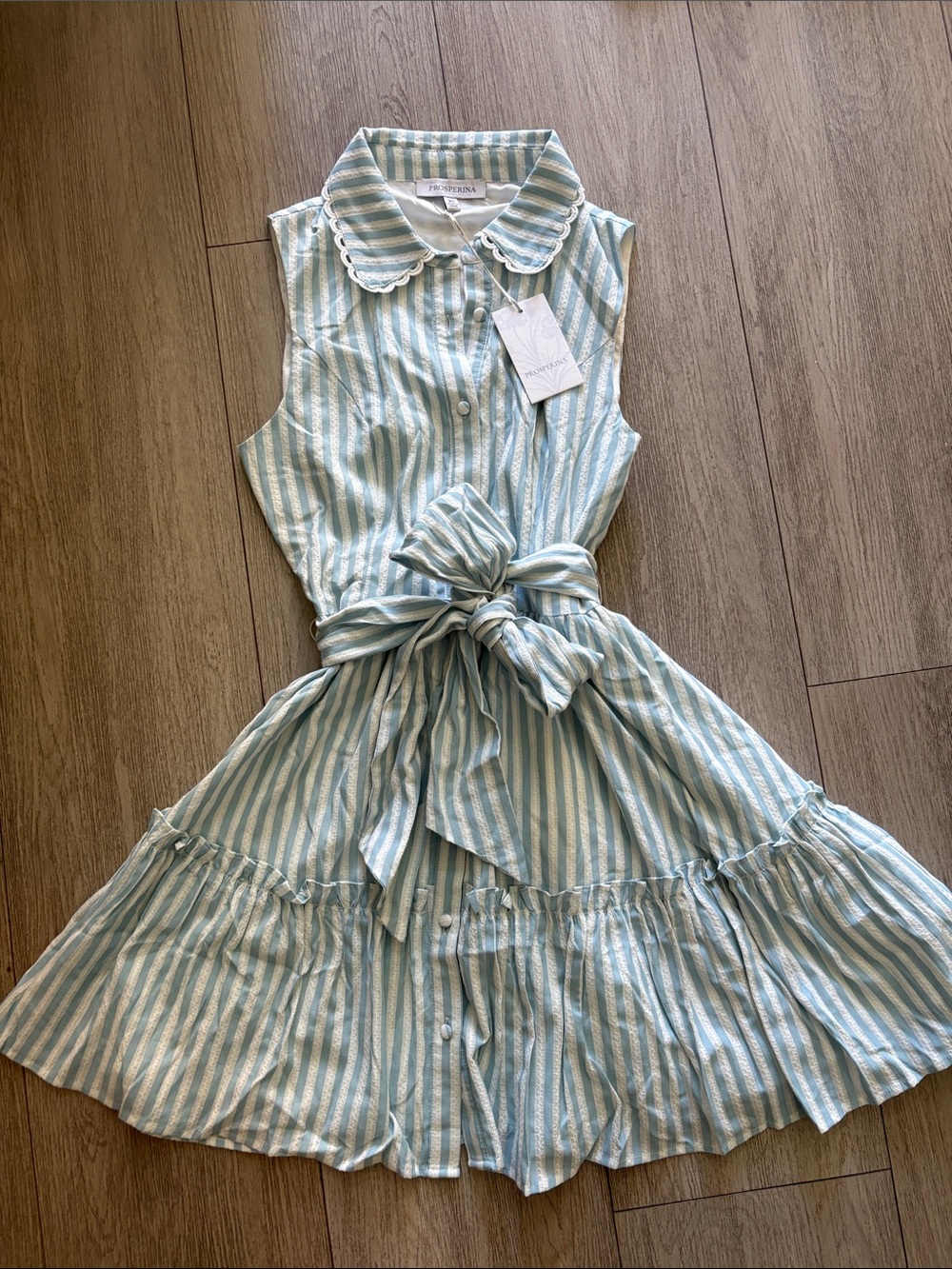 Women’s XS Prosperina Summer Light Blue Stripe Tie-Waist Dress Cotton Brand New - Picture 4 of 9